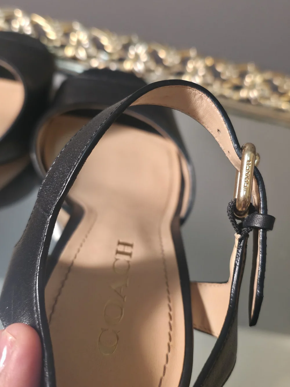 Coach Black Leather Block Heel Sandals with Gold Buckle